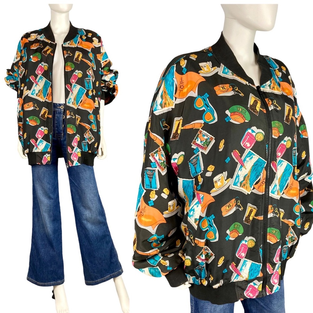 90’s vintage silk travel novelty print zip up bomber jacket
